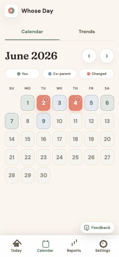 June calendar showing parenting days and schedule changes using sample records