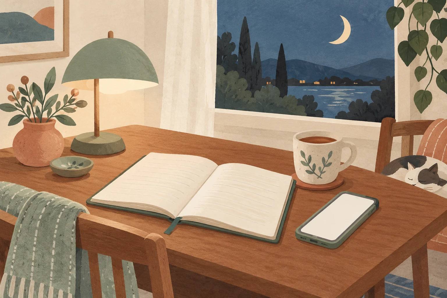 An open journal and phone on a quiet evening table