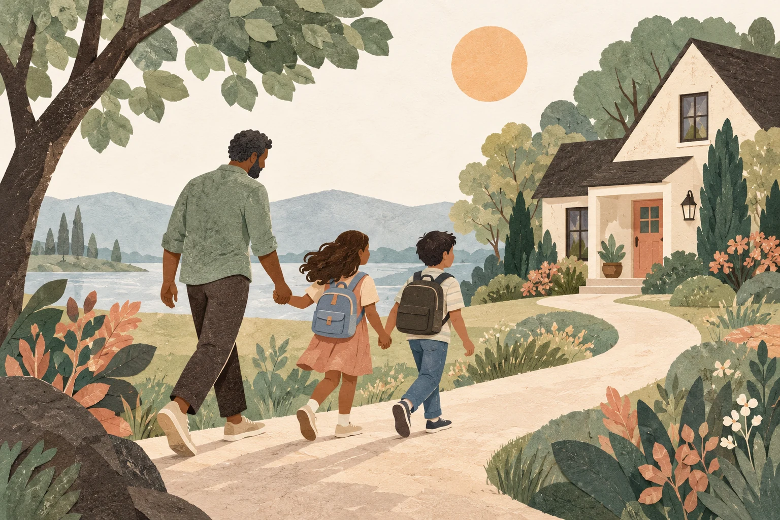 A parent and two children walking home together